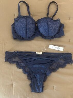 Adore Me Navy Lace Balconette Bra and Bikini Set